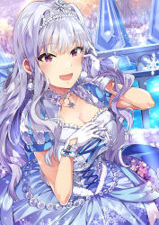 Rule 34 | 1girl, :d, absurdres, blue dress, breasts, breath, cleavage, crown, dress, earrings, gloves, hair intakes, hand up, highres, idolmaster, idolmaster (classic), idolmaster million live!, idolmaster million live! theater days, jewelry, large breasts, light particles, light purple hair, looking at viewer, necklace, open mouth, pink eyes, pom pom (clothes), pom pom earrings, puffy short sleeves, puffy sleeves, shijou takane, short sleeves, smile, snowflakes, solo, tuxedo de cat, upper body, white gloves
