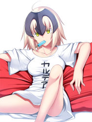 Rule 34 | 1girl, armor, blonde hair, breasts, clothes writing, fate/grand order, fate (series), food, headpiece, highres, jeanne d&#039;arc (fate), jeanne d&#039;arc alter (avenger) (fate), jeanne d&#039;arc alter (fate), looking at viewer, mouth hold, pillow, popsicle, ruler (fate/grand order), short hair, sitting, skylader, solo, yellow eyes