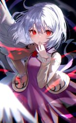 Rule 34 | 1girl, angel wings, blush, bow, bowtie, commentary, covering own mouth, dress, feathered wings, grey hair, hand on own hip, hand over own mouth, jacket, kishin sagume, long sleeves, looking at viewer, purple dress, red bow, red bowtie, red eyes, sakizaki saki-p, single wing, solo, touhou, twitter username, white wings, wings