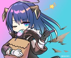 Rule 34 | 1girl, arknights, asymmetrical gloves, bad id, bad pixiv id, bag, black gloves, black jacket, blue background, blue eyes, blue hair, candy, curled horns, detached wings, food, food in mouth, gloves, gradient background, grey wings, hair between eyes, halo, hood, hood down, hooded jacket, horns, jacket, lollipop, long hair, long sleeves, looking at viewer, mashiro miru, mismatched gloves, mostima (arknights), mouth hold, one eye closed, paper bag, pink background, shirt, solo, star (symbol), swirl lollipop, twitter username, white gloves, white shirt, wings