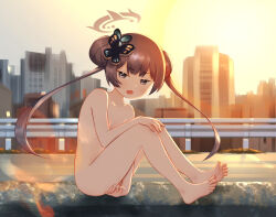 Rule 34 | 1girl, barefoot, between legs, black hair, blue archive, butterfly hair ornament, city, cityscape, completely nude, double bun, exhibitionism, fang, female focus, from side, full body, grey eyes, guard rail, hair bun, hair ornament, halo, hand between legs, hand on own knee, highres, kai-o, kisaki (blue archive), knees up, long hair, looking at viewer, nude, open mouth, outdoors, public indecency, sitting, soles, toes, twintails