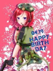 Rule 34 | 1girl, artist name, artist request, beret, black gloves, blush, breasts, female focus, fingerless gloves, from behind, gloves, green hat, green jacket, green shirt, green skirt, gun, hair between eyes, half-closed eyes, hat, headphones, headset, highres, holding, holding gun, holding weapon, jacket, looking at viewer, love live!, love live! school idol festival, love live! school idol project, military, military uniform, nishikino maki, open clothes, parted lips, pink background, playing with own hair, purple eyes, red hair, shirt, short hair, skirt, smile, solo, star (symbol), star print, uniform, v-shaped eyebrows, weapon, white skirt, zipper, zipper pull tab
