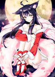 Rule 34 | ahri (league of legends), animal ears, bare shoulders, bell, black hair, collar, collarbone, detached sleeves, facial mark, fox ears, fox tail, full moon, korean clothes, league of legends, long hair, moon, multiple tails, neck bell, panties, pantyshot, petals, seo, sitting, slit pupils, solo, tail, underwear, whisker markings, yellow eyes