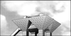 Rule 34 | aoki hagane no arpeggio, building, cloud, commentary request, greyscale, kaname aomame, monochrome, no humans, pillar, sky, textless version, tokyo big sight, window