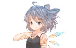Rule 34 | 1girl, ahoge, arm at side, arm up, blue bow, blue dress, blue eyes, blue hair, blush, bow, bright pupils, cirno, collared shirt, commentary request, dress, eyelashes, fairy, hair bow, hand on own chest, highres, hito komoru, ice, ice wings, looking at viewer, pinafore dress, puffy short sleeves, puffy sleeves, shirt, short hair, short sleeves, simple background, sleeveless, sleeveless dress, smile, solo, standing, touhou, white background, white pupils, white shirt, wing collar, wings