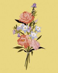 Rule 34 | blue flower, bouquet, commentary, english commentary, flower, highres, leaf, libbyframe, no humans, original, peony (flower), pink flower, plant, purple flower, signature, simple background, still life, yellow background