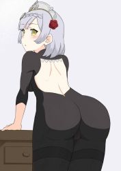 Rule 34 | 1girl, artist request, ass, blush, bodysuit, breasts, cameltoe, dresser, flower, from behind, genshin impact, green eyes, hair flower, hair ornament, headdress, highres, huge ass, leaning, leaning forward, looking at viewer, looking back, maid headdress, medium breasts, noelle (genshin impact), pantyhose, parted lips, short hair, sideboob, silver hair, solo