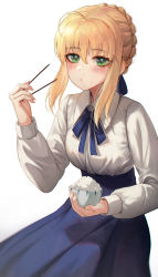 Rule 34 | 1girl, ahoge, artoria pendragon (all), artoria pendragon (fate), blonde hair, blue ribbon, blue skirt, blush, bowl, braid, commentary, eating, fate/stay night, fate (series), food, food on face, french braid, green eyes, hair between eyes, highres, holding, long sleeves, looking at viewer, ribbon, rice, saber (fate), shirt, sidelocks, simple background, sitting, skirt, solo, torriet, white background, white shirt