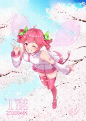 Rule 34 | 1girl, absurdres, alternate color, bare shoulders, belt, blue sky, character name, cherry blossoms, cherry hair ornament, commentary, dated, detached sleeves, drill hair, food-themed hair ornament, foreshortening, grin, hair ornament, hand up, highres, huge filesize, kasane kein, kasane teto, leaning forward, looking at viewer, miniskirt, one eye closed, petals, pink eyes, pink hair, pink thighhighs, pleated skirt, sakura teto, shirt, short hair, shoulder tattoo, skindentation, skirt, sky, sleeveless, sleeveless shirt, smile, solo, tattoo, thighhighs, tree, twin drills, utau, w, white shirt, white skirt, white sleeves, wings, zettai ryouiki