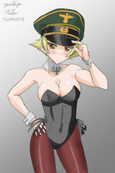 Rule 34 | 1girl, adjusting clothes, adjusting headwear, animal ears, artist name, black leotard, blonde hair, blush, breasts, brown eyes, brown pantyhose, cleavage, closed mouth, collar, commentary, covered navel, cowboy shot, cross, dated, detached collar, erwin (girls und panzer), fake animal ears, girls und panzer, goggles, goggles on headwear, gradient background, green hat, grey background, hand on own hip, hat, iron cross, leotard, light frown, looking at viewer, matsui yasutsugu, medium breasts, military hat, one-hour drawing challenge, pantyhose, peaked cap, playboy bunny, pointy hair, rabbit ears, short hair, side-tie leotard, signature, solo, standing, strapless, strapless leotard, white collar, wing collar, wrist cuffs