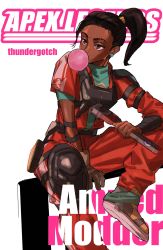 Rule 34 | 1girl, animification, apex legends, aqua shirt, bleach, brown gloves, brown hair, chewing gum, cover, cover page, dark-skinned female, dark skin, fake cover, gloves, head tilt, highres, holding, holding wrench, jumpsuit, knee pads, logo parody, manga cover, orange jumpsuit, problem solver (apex legends), rampart (apex legends), shirt, side ponytail, single glove, sitting, solo, thundergotch, white background, wrench