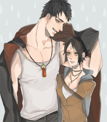 Rule 34 | 1boy, 1girl, black hair, breasts, commentary request, dante (dmc: devil may cry), devil may cry (series), dmc: devil may cry, facial mark, forehead mark, hood, hoodie, jacket, jewelry, kat (dmc: devil may cry), necklace, open mouth, short hair