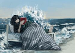 Rule 34 | 1girl, absurdres, aqua pants, barefoot, beach, bed, black eyes, black hair, black shirt, blanket, blue sky, book, commentary request, day, faux traditional media, gyeonnggye, highres, holding, holding book, horizon, knee up, korean commentary, lying, medium hair, ocean, on back, open book, original, outdoors, pants, plaid, plaid pants, reading, shirt, short sleeves, sky, solo, surreal, under covers, water, waves