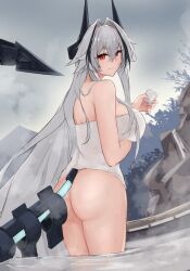 Rule 34 | 1girl, alcohol, ass, azur lane, bare shoulders, black horns, blush, breasts, highres, holding, holding towel, horns, kursk (azur lane), kursk (lone wolf amid the steam) (azur lane), large breasts, light smile, long hair, marshall k, mechanical tail, multicolored hair, naked towel, official alternate costume, onsen, partially submerged, red eyes, sake, solo, tail, towel, very long hair, white hair