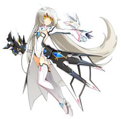 Rule 34 | 1girl, absurdres, boots, closed mouth, code: battle seraph (elsword), detached collar, detached sleeves, elsword, eve (elsword), expressionless, floating, forehead protector, full body, gem, gloves, highres, hwansang, leotard, long hair, moby (elsword), official art, remy (elsword), robot, solo, thigh boots, thighhighs, transparent background, white footwear, white hair, white leotard, yellow eyes
