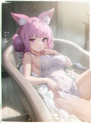 Rule 34 | 1girl, animal ear fluff, bath, breasts, chromatic aberration, collarbone, covered navel, covering privates, edgar syu, finger to mouth, fingernails, flower, foam, groin, guild cq, hair bun, highres, indoors, large breasts, looking at viewer, nail polish, naked towel, nude cover, pink eyes, pink hair, pink nails, plumeria, quon tama, solo, thighs, towel, virtual youtuber, white flower, white towel