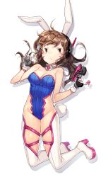 Rule 34 | 10s, 1girl, 2016, adapted costume, animal ears, artist name, bad id, bad pixiv id, bare shoulders, blue leotard, boots, bracer, breasts, brown eyes, brown hair, charm (object), chestnut mouth, choker, cleavage, collarbone, covered navel, d.va (overwatch), dated, detached collar, eyebrows, facepaint, facial mark, fake animal ears, gloves, goyain, groin, gun, handgun, high heel boots, high heels, highleg, highleg leotard, highres, holding, holding gun, holding weapon, legs up, leotard, long hair, looking at viewer, medium breasts, midair, overwatch, overwatch 1, playboy bunny, rabbit ears, rabbit tail, simple background, sleeveless, solo, tail, thigh boots, thigh strap, thighhighs, weapon, whisker markings, white background, white footwear, white gloves, white thighhighs