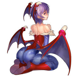Rule 34 | 1girl, absurdres, animal print, arched back, ass, back, back-seamed legwear, backless leotard, bare shoulders, bat print, bat wings, blue pantyhose, boots, demon girl, fengmo, full body, hand on own shoulder, head wings, highres, leotard, lilith aensland, pantyhose, parted lips, print pantyhose, purple hair, red eyes, red footwear, red leotard, seamed legwear, short hair, simple background, sitting, solo, vampire (game), white background, wings
