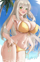 Rule 34 | 1girl, absurdres, anti kumo, bikini, blue archive, blush, breasts, collarbone, duplicate, front-tie top, green eyes, highres, huge breasts, large breasts, light brown hair, long hair, looking at viewer, navel, nonomi (blue archive), nonomi (swimsuit) (blue archive), official alternate costume, open mouth, side-tie bikini bottom, solo, swimsuit, thighs, wet, yellow bikini