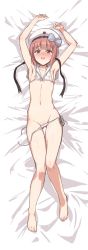 Rule 34 | 10s, 1girl, :d, anchor, armpits, arms up, bad id, bad twitter id, bare legs, barefoot, bed sheet, bikini, black ribbon, blush, bow, breasts, brown eyes, brown hair, cameltoe, collarbone, commentary request, covered erect nipples, dakimakura (medium), feet, full body, gluteal fold, hat, hat bow, highres, inactive account, kantai collection, knees together feet apart, looking at viewer, lying, navel, nipple slip, nipples, on back, open mouth, ribbon, sailor bikini, sailor collar, short hair, side-tie bikini bottom, small breasts, smile, solo, stomach, swimsuit, thigh gap, tktktk tks, untied bikini, white bikini, z3 max schultz (kancolle)