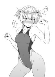 Rule 34 | 1girl, ?, aiuti, blush, commentary request, competition swimsuit, contrapposto, cowboy shot, girls&#039; frontline, greyscale, highleg, highleg swimsuit, lineart, looking at viewer, monochrome, one-piece swimsuit, short hair, simple background, solo, spoken question mark, standing, sweat, swimsuit, twintails, welrod mkii (girls&#039; frontline)