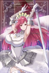 Rule 34 | 1girl, absurdres, armpits, arms up, breasts, cho!cho!, dress, garter straps, gloves, highres, holding, holding sword, holding weapon, large breasts, long hair, pink eyes, pink hair, rasis, solo, sound voltex, sound voltex ii infinite infection, sword, weapon, white gloves, xross of the xoul