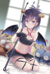 Rule 34 | 1girl, absurdres, bare shoulders, black gloves, black skirt, black wings, blush, breasts, cleavage, collarbone, commentary request, criss-cross halter, crop top, demon girl, demon horns, demon wings, expressionless, full body, gabriel dropout, gloves, groin, hair ornament, hairclip, hallelujah essaim, halterneck, highres, holding, holding polearm, holding weapon, horns, indoors, charm (object), looking at viewer, medium hair, midriff, miniskirt, navel, o-ring, o-ring top, pleated skirt, polearm, purple eyes, purple hair, seiza, sitting, skirt, small breasts, solo, stuffed animal, stuffed toy, tenma-gav, trident, vignette tsukinose april, weapon, wings, x hair ornament