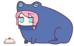 Rule 34 | 1girl, animal costume, arknights, blue eyes, blue poison (arknights), cake, cake slice, commentary, english commentary, food, frog costume, looking at viewer, naga u (style), pastry, pink hair, plate, ponyupdaddy, short hair, simple background, solo, white background
