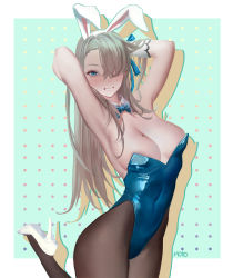 Rule 34 | 1girl, animal ears, armpits, arms up, asuna (blue archive), asuna (bunny) (blue archive), black pantyhose, blue archive, blue eyes, blue leotard, blush, bow, bowtie, breasts, cleavage, fake animal ears, grey hair, grin, hair over one eye, highres, leg up, leotard, medium breasts, mole, mole on breast, one eye covered, pantyhose, playboy bunny, rabbit ears, silhouette, skin tight, skindentation, smile, solo, traditional bowtie, wowmoto2