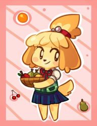 Rule 34 | 1girl, animal crossing, blouse, cherry, food, fruit, fruit basket, green shirt, isabelle (animal crossing), nintendo, orange (fruit), peach background, pear, pink background, shirt, skirt, source request, standing, striped, striped background
