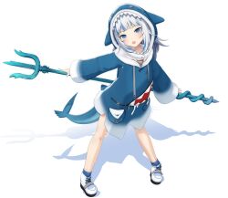 Rule 34 | 1girl, animal costume, animal hood, announcement celebration, blue hair, blue hoodie, blunt bangs, fins, fish tail, gawr gura, gawr gura (1st costume), grey hair, highres, hololive, hololive english, hood, hoodie, long sleeves, looking at viewer, multicolored hair, open mouth, polearm, ponpu-chou, shark costume, shark girl, shark hood, shark tail, simple background, streaked hair, tail, teeth, trident, virtual youtuber, weapon, white background, wide sleeves