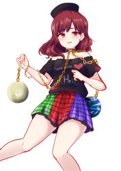 Rule 34 | 1girl, breasts, brown hair, chain, clothes writing, english text, engrish text, hat, hecatia lapislazuli, highres, long hair, looking at viewer, multicolored clothes, multicolored skirt, open mouth, ranguage, red eyes, shirt, simple background, skirt, solo, touhou, uranaishi (miraura), white background
