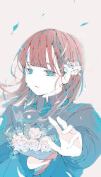 Rule 34 | 1girl, absurdres, blue eyes, blue shirt, blunt bangs, brown hair, collared shirt, commentary request, crying, crying with eyes open, falling leaves, flower, hair flower, hair ornament, highres, holding, holding flower, leaf, long sleeves, looking at viewer, no pupils, nocopyrightgirl, open hand, original, outstretched arm, pale skin, parted lips, reaching, shirt, sleeve cuffs, solo, tears, upper body, white background, white flower