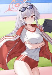 Rule 34 | 1girl, ahoge, bat wings, blue archive, blurry, blurry background, bow, braid, breasts, buruma, closed mouth, commentary request, eyewear on head, grey hair, gym shirt, gym uniform, hair bow, halo, haruna (blue archive), haruna (track) (blue archive), highres, long hair, looking at viewer, medium breasts, official alternate costume, pink bow, raimu (clanberry000), red buruma, red eyes, red halo, shirt, single wing, smile, solo, sunglasses, thighs, twin braids, white shirt, wings