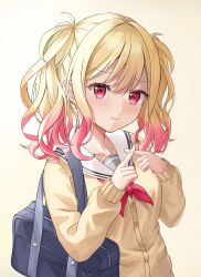 Rule 34 | 1girl, :t, absurdres, bag, blonde hair, blue bag, brown cardigan, buttons, cardigan, closed mouth, colored tips, commentary, gradient background, gradient hair, grey shirt, highres, index fingers raised, light blush, long sleeves, looking at viewer, medium hair, miyamasuzaka girls&#039; academy school uniform, multicolored hair, neckerchief, pink background, pink eyes, pink hair, project sekai, red neckerchief, sailor collar, school bag, school uniform, shirafune, shirt, shoulder bag, solo, striped, tenma saki, twintails, upper body, wavy hair, white background, white sailor collar