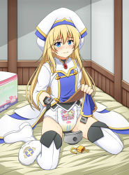 Rule 34 | 1girl, blonde hair, blue eyes, blush, boots, clothes lift, diaper, dress, dress lift, female focus, full body, highres, indoors, key, lock, long hair, looking at viewer, priestess (goblin slayer!), sitting, solo, stolas (lemegeton), thigh boots, thighhighs, wariza, wet diaper