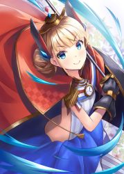 Rule 34 | 1girl, azur lane, black gloves, blonde hair, blue eyes, blue skirt, cape, epaulettes, flat chest, french flag, gloves, gold trim, headgear, highres, holding, holding sword, holding weapon, le triomphant (azur lane), long hair, looking at viewer, rapier, red cape, regress, skirt, smile, solo, sword, weapon