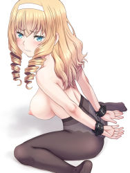 Rule 34 | 1girl, black pantyhose, blonde hair, blue eyes, blush, bound, bound wrists, breasts, commentary request, cuffs, drill hair, hairband, large breasts, long hair, looking at viewer, meow (nekodenki), nipples, original, panties, panties under pantyhose, pantyhose, restrained, ringlets, simple background, solo, tears, topless, twin drills, underwear, white background, white hairband, white panties