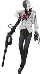 Rule 34 | 1boy, black skin, boutonniere, buttons, caligula (game), colored skin, corsage, cuffs, flower, formal, gloves, gun, hair over one eye, holding, holding weapon, long sleeves, looking at viewer, male focus, multicolored hair, official art, oguchi, pants, rifle, satake shougo, shackles, silver hair, simple background, solo, suit, thigh gap, two-tone hair, weapon, white background