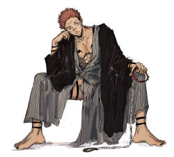 Rule 34 | 1boy, abs, absurdres, arm tattoo, chest tattoo, closed mouth, collar, collarbone, extra eyes, facial tattoo, full body, highres, holding, holding leash, implied yaoi, japanese clothes, jujutsu kaisen, kimono, leash, male focus, muscular, muscular male, nail polish, open clothes, pectorals, pink hair, red eyes, ryoumen sukuna (jujutsu kaisen), short hair, solo, tattoo, toenail polish, toenails, undercut, woshihedawei