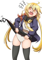 Rule 34 | 1girl, absurdres, ahoge, armband, black sailor collar, black serafuku, black skirt, black thighhighs, blonde hair, blue jacket, cameltoe, clothes lift, crescent, crescent pin, fang, highres, jacket, kantai collection, kirisame0729, lifting another&#039;s clothes, long hair, long sleeves, low twintails, miniskirt, neckerchief, necktie, open mouth, panties, pleated skirt, sailor collar, satsuki (kancolle), satsuki kai ni (kancolle), school uniform, serafuku, skirt, skirt lift, thighhighs, twintails, underwear, very long hair, white panties, yellow eyes, yellow neckerchief, yellow necktie
