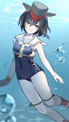 Rule 34 | 1girl, air bubble, asymmetrical hair, black hair, black one-piece swimsuit, breast cutout, brown eyes, bubble, character name, freediving, gloves, grey hat, hair between eyes, hat, headphones, highres, i-13 (kancolle), kantai collection, neckerchief, one-hour drawing challenge, one-piece swimsuit, sailor collar, school swimsuit, shirt, short hair, single glove, sleeveless, sleeveless shirt, solo, swimsuit, swimsuit under clothes, toeless footwear, tsurime, umekottsu, underwater, white neckerchief, white sailor collar