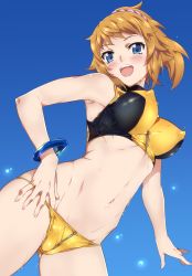 Rule 34 | 1girl, :d, absurdres, bare shoulders, bikini, black bikini, blue background, blue eyes, blush, bracelet, breasts, brown hair, cameltoe, covered erect nipples, gluteal fold, groin, gundam, gundam build fighters, gundam build fighters try, hair ornament, hair scrunchie, highres, hoshino fumina, impossible clothes, impossible swimsuit, jewelry, looking at viewer, looking down, medium breasts, navel, niko (tama), open mouth, ponytail, scrunchie, short ponytail, smile, solo, swimsuit, two-tone bikini, unaligned breasts, water drop, wet, yellow bikini