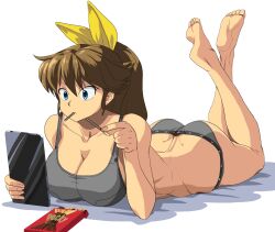 Rule 34 | 1girl, absurdres, ass, barefoot, blue eyes, bow, bra, breasts, brown hair, butt crack, cleavage, collarbone, eating, food, food in mouth, full body, grey bra, grey panties, grey sports bra, hair bow, highres, holding, holding food, holding pocky, holding tablet pc, large breasts, long hair, lying, m.u.g.e.n, oggy (oggyoggy), on stomach, original, panties, pocky, pocky in mouth, ponytail, reading, ryuko (oggyoggy), soles, solo, sports bra, tablet pc, the pose, toes, transparent background, underwear, underwear only, yellow bow