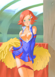Rule 34 | 00s, 1girl, bare shoulders, blush, breasts, cheerleader, clothes lift, detached sleeves, dress, elbow gloves, embarrassed, gloves, green eyes, hair ornament, hairclip, hidena, indoors, looking at viewer, navel, nipples, no bra, open clothes, open shirt, orange hair, overman king gainer, panties, panty pull, pom pom (cheerleading), red panties, rikudou shuusai, rikudou shuuya, sara kodama, shirt, short dress, short hair, skirt, skirt lift, solo, standing, underwear