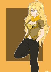 Rule 34 | 1girl, absurdres, artist name, blonde hair, breasts, cleavage, highres, large breasts, legs, long hair, midriff, navel, pants, rwby, solo, thighs, yang xiao long