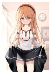 Rule 34 | 1girl, black skirt, blonde hair, blue eyes, breasts, brown hairband, clock, closed mouth, collarbone, commentary request, curtains, eyes visible through hair, flower, hair between eyes, hairband, highres, indoors, layered sleeves, long hair, long sleeves, looking at viewer, medium breasts, nishina kakeri, original, red flower, shirt, short over long sleeves, short sleeves, skirt, skirt hold, smile, solo, standing, transparent, very long hair, wall clock, white shirt