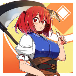 Rule 34 | 1girl, breasts, closed mouth, dango, eating, food, hair bobbles, hair ornament, holding, holding food, holding scythe, looking at viewer, multicolored background, obi, onozuka komachi, orange background, red eyes, red hair, sash, scythe, short hair, solo, totosu, touhou, two side up, upper body, wagashi, yellow background
