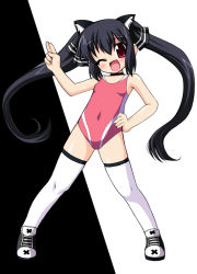 Rule 34 | 1girl, ;d, animal ears, black background, black hair, black ribbon, blush, cat ears, chirorian, choker, full body, hair ribbon, hand on own hip, kooh, legs apart, leotard, long hair, looking at viewer, one eye closed, open mouth, pangya, red eyes, ribbon, shoes, sidelocks, smile, solo, standing, thighhighs, twintails, white background, white thighhighs, wink
