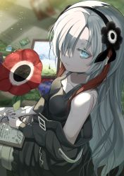 Rule 34 | 1girl, absurdres, bare shoulders, black dress, black jacket, blue eyes, blurry, blurry background, book, breasts, closed mouth, collarbone, commentary request, depth of field, dress, flower, from above, grey hair, hair over one eye, highres, isekai joucho, jacket, kamitsubaki studio, long hair, long sleeves, looking at viewer, off shoulder, open book, open clothes, open jacket, painting (object), red flower, short shorts, shorts, sitting, sleeveless, sleeveless dress, small breasts, smile, solo, templus, very long hair, virtual youtuber, white shorts